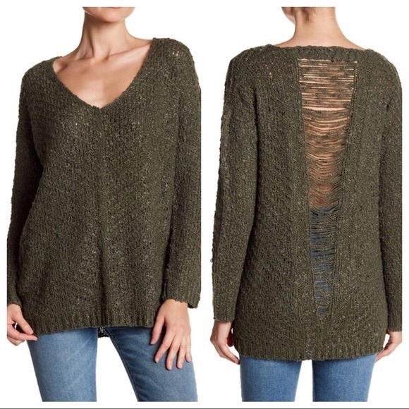 Anthropologie Sweaters - Anthropologie Olive Popcorn Knit V-neck Shredded back Slouchy Sweater
